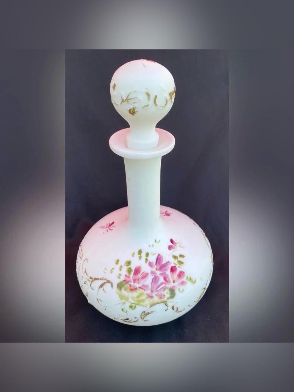 Antique Victorian Glass  Decanter Barber Bottle Hand Painted Intact with Stopper